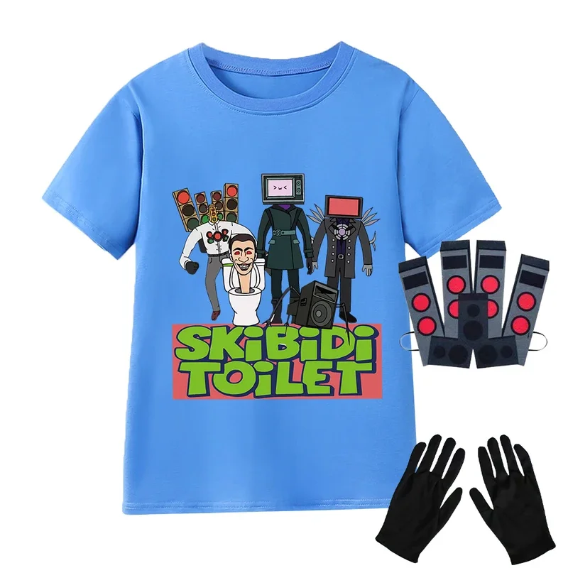 Skibidi toilet t shirt 3PCs set kids cameraman speaker man T-shirt boys casual clothing girls short sleeve tops mask gloves set