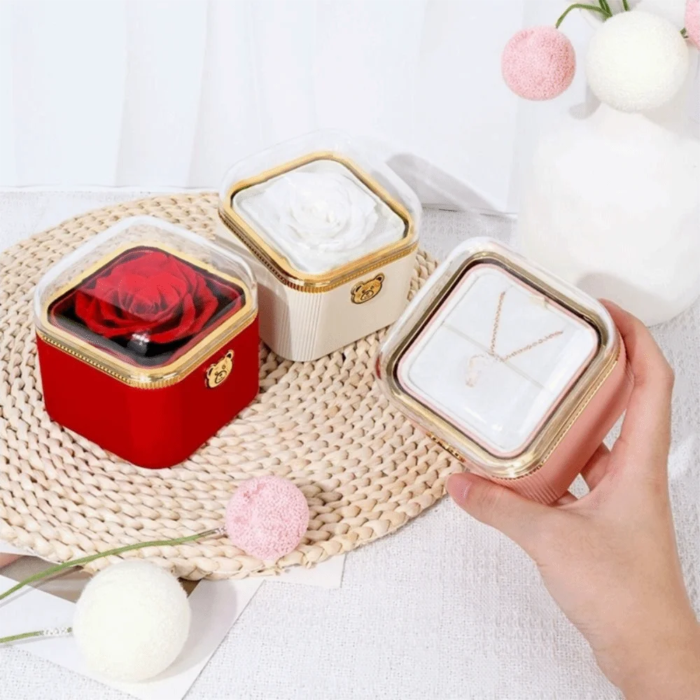 

Creative Cute Flip Necklace Box Dustproof Romantic Rotating Rose Box Plastic Automatic Surprise Jewelry Storage Box Anniversary