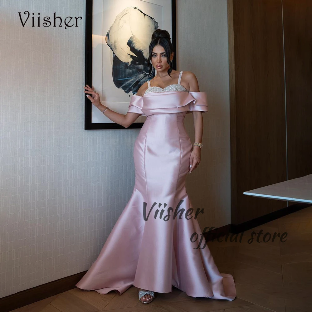 Rosa Satin Meerjungfrau Abendkleider von der Schulter Perlen Schatz arabischen Dubai Abschluss ball Party kleid mit Zug lange formelle Kleider