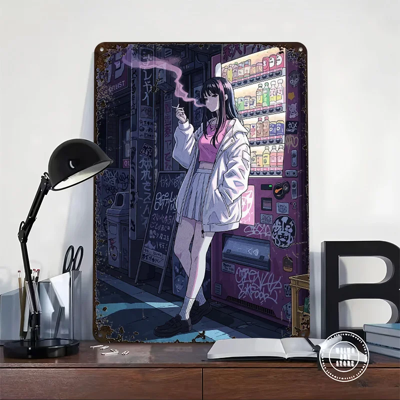 Anime Girl Smoking By Vending Printed Poster Customized Wall Art Retro Vintage Metal Tin Signs for Home and Decoration Gaming