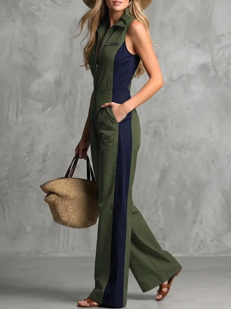 Yeezzi Women Color Block Sleeveless Jumpsuits Lapel Collar Front Zipper Wide Leg Long Jumpsuit Pockets Casual Streetwear Rompers