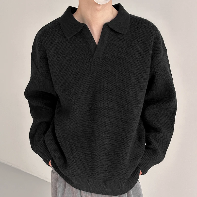 Autumn Winter Korean Style Men's Lapel Polo Shirts Sweater Pullover Vintage Loose Inner Layered V-Neck Knitwear Sweater Jumpers
