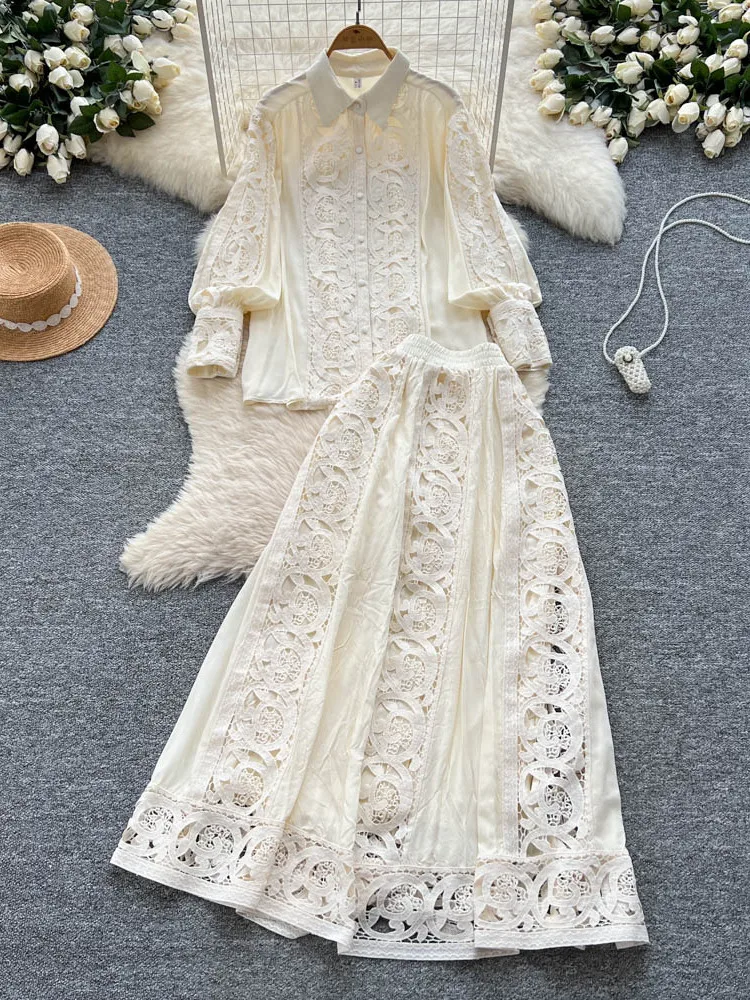 

Ele Lace Hollow out Long Sve irt And High Waist f Skirt Two Piece Set for Women Summer Faion Ensemble