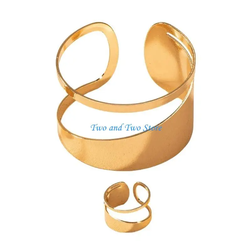 

HX6F Elegant Bangle Bracelets Jewelry Set Trendy Gold Jewelry Set for Women Hollow Circular Rings and Bangles Accessory