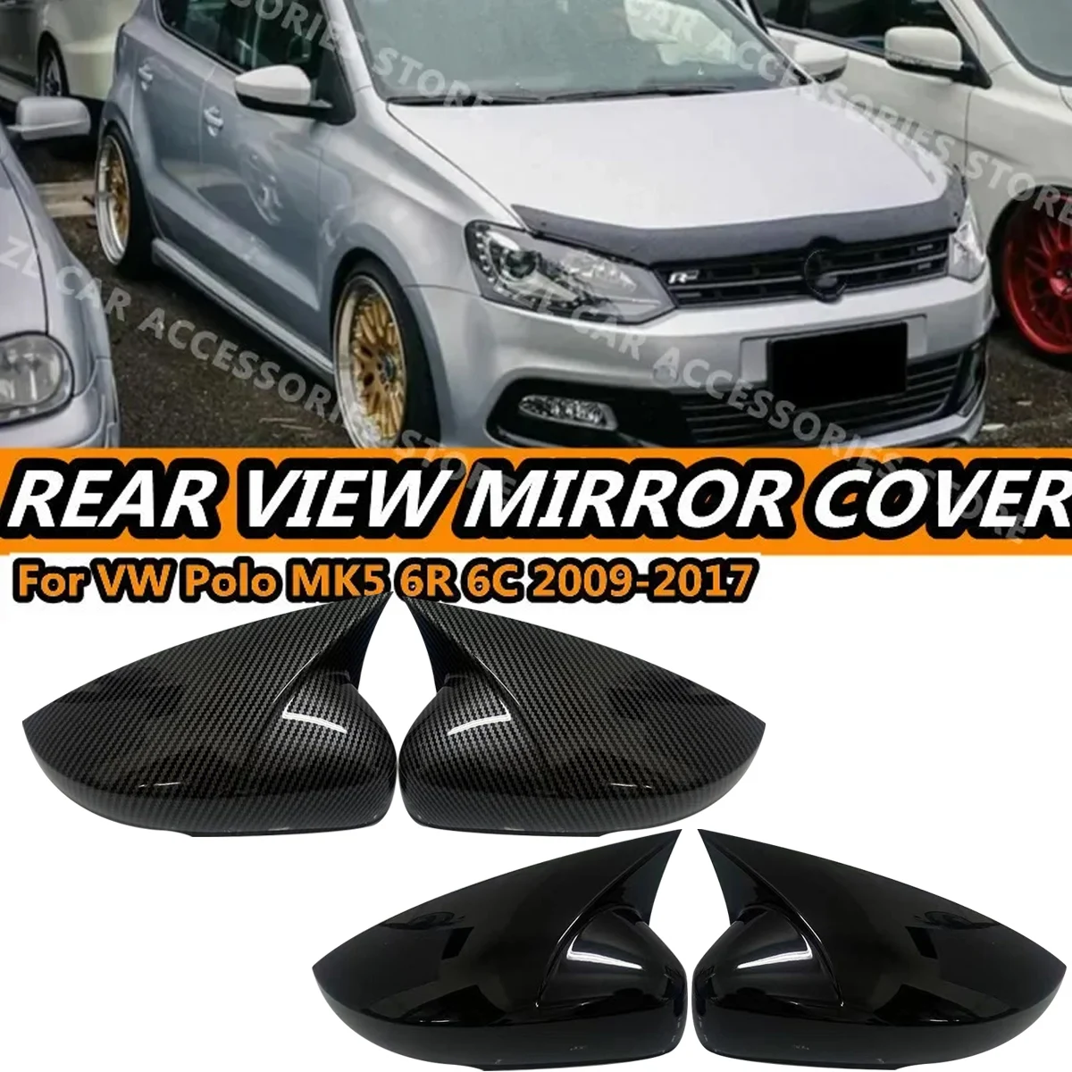 2 Pcs For Volkswagen VW Polo MK5 6R 6C 2009-2017 ABS Side Rearview Wing Mirror Cover Caps Shell Trim OX Horn Style Exterior