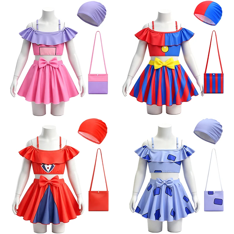 Digital Circus Cartoon Girls Swimsuits Halloween Cosplay Summer Beach Pool Party Children's Swimwear Vacation Kids Swim Clothes