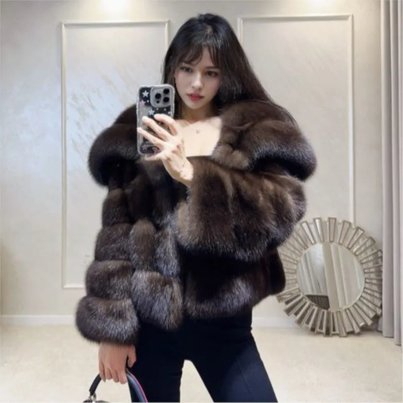A new women's fashion coat with large lapel made of artificial fur and