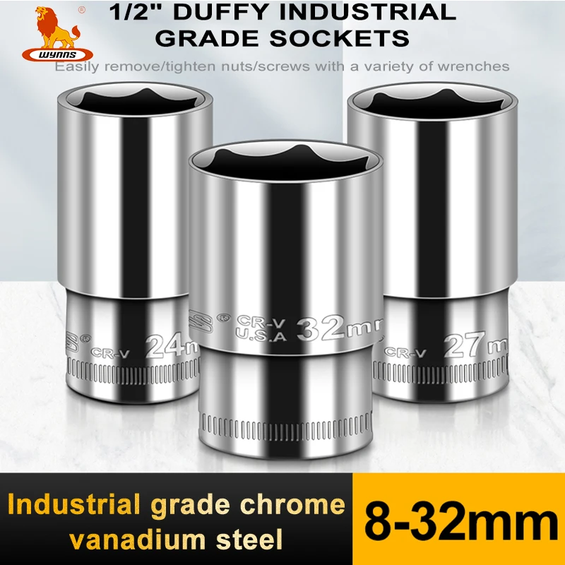 WYNN'S 1/2" Long Impact Socket 8 to 32mm Drive Wrench Socket Head Cr-V Steel for Pneumatic Electric Wrench Drill Metric Hex Tool