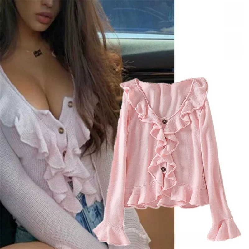 

Женский длинный осенний вязаный кардиган узкого кроя с австралийским дизайном Bell Sve с рюшами и отделкой V Ne Street Sle Pure Color...