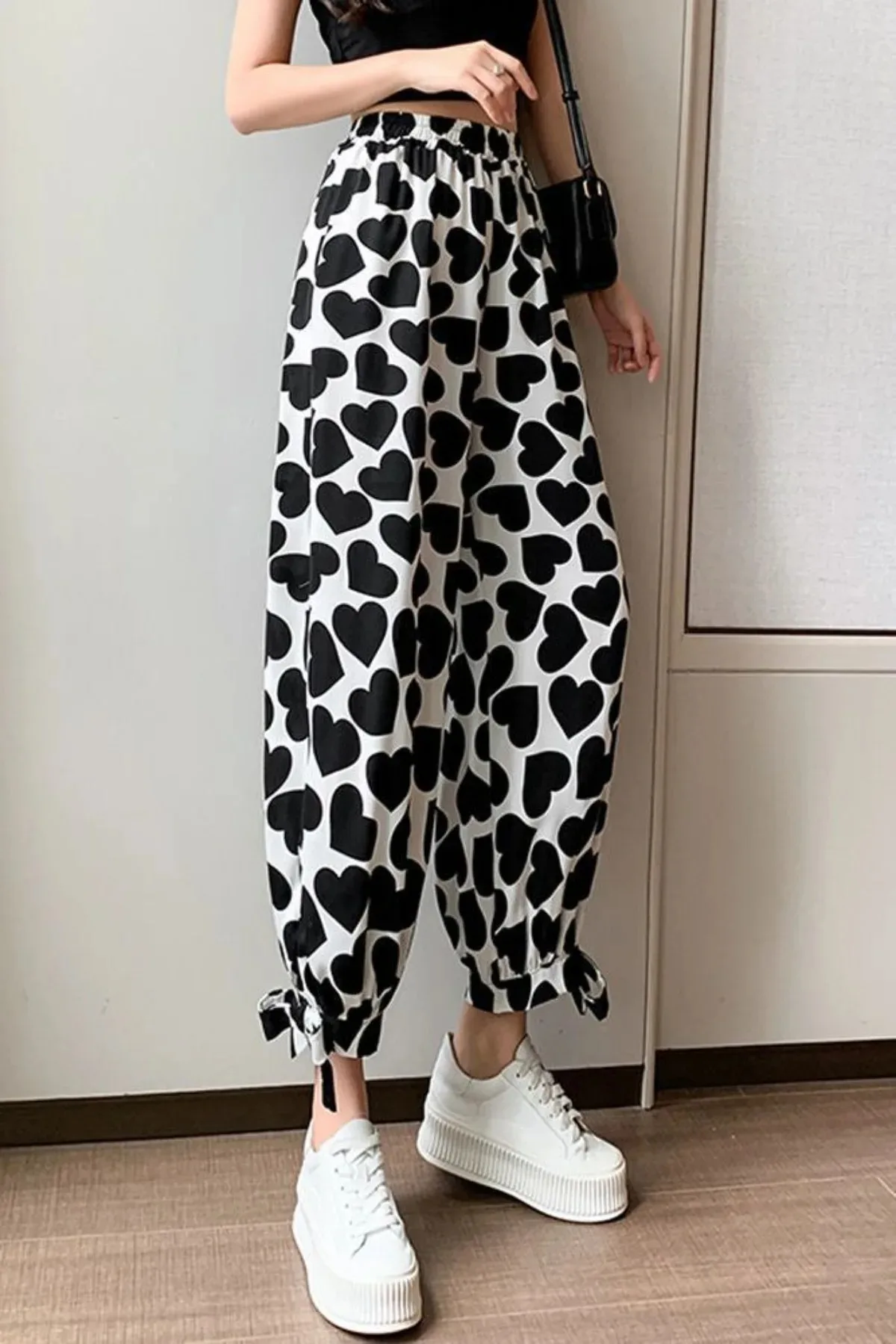 

New Women's Summer Thin Style Fashionable High Waisted Casual Slimming Love Shaped Printed Lantern Pants Women's Loose Home