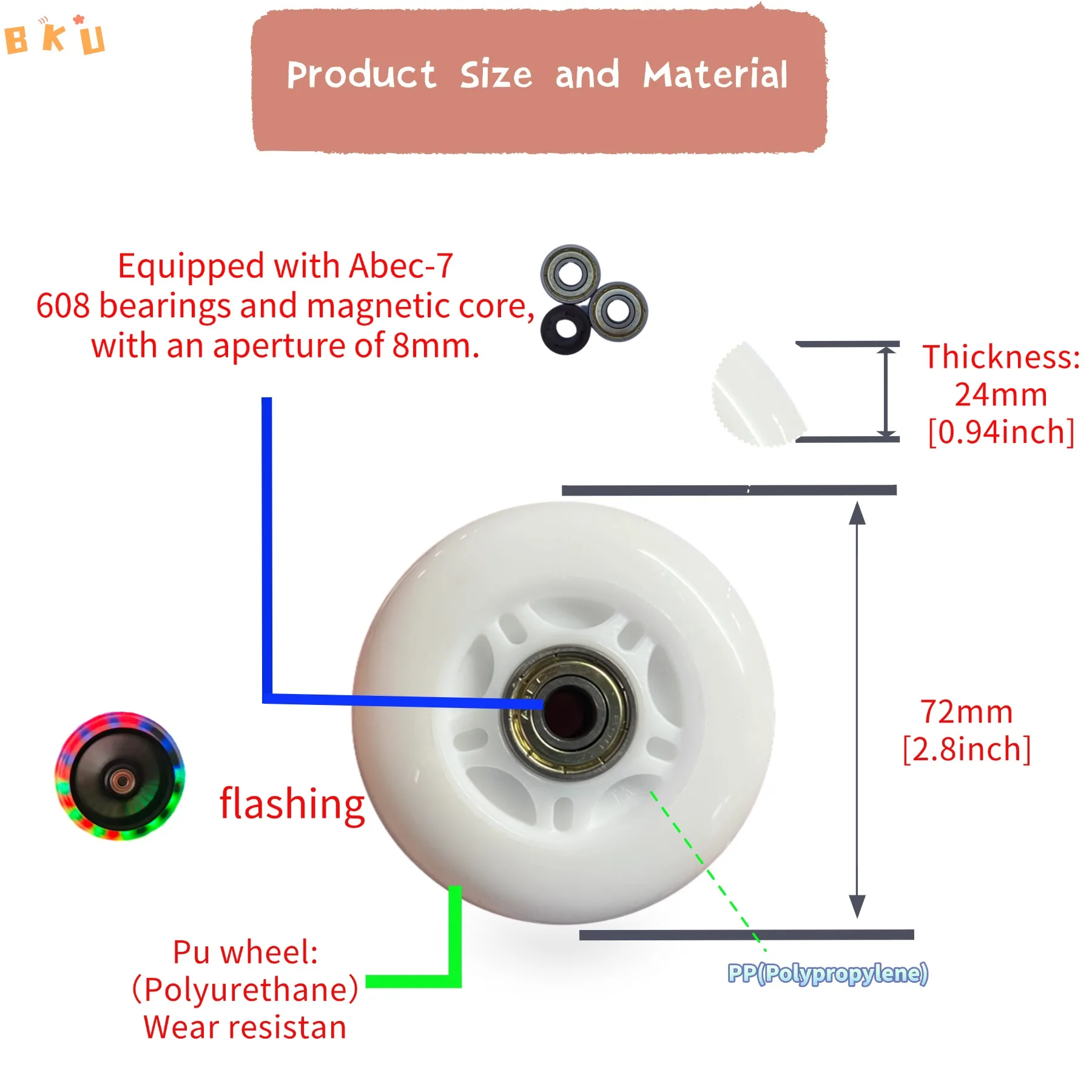 BKU 72mm Outdoor Inline Hockey Skate Wheels，Light-up PU Wheels - Quiet, Durable, for Inline Skates & Scooters