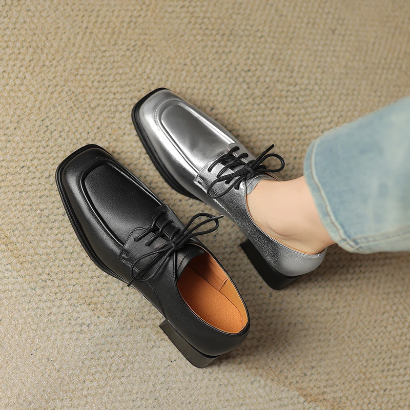 2024 New Spring Genuine Leather Women Shoes Casual Lace-up Loafers Square Toe Oxford Shoes Pumps Sliver Ladies Shoes