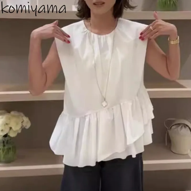 Pleated Hem Blusas Double Ruffles 2024 Woman Shirts & Blouses Elegant Sleeveless Camisas Japanese Ropa Mujer Summer New Tops