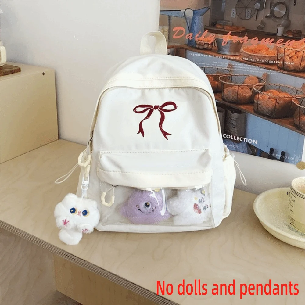 

Portable Embroidered bow Girls Backpack Nylon Solid Color Students Backpack Large Capacity Lightweight Travel Laptop Bag