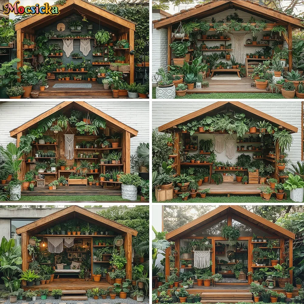 

Mocsicka Spring Room Photography Background Green Potted Plants Greenhouse Wooden Backdrop Kids Family Indoor Photozone Studio