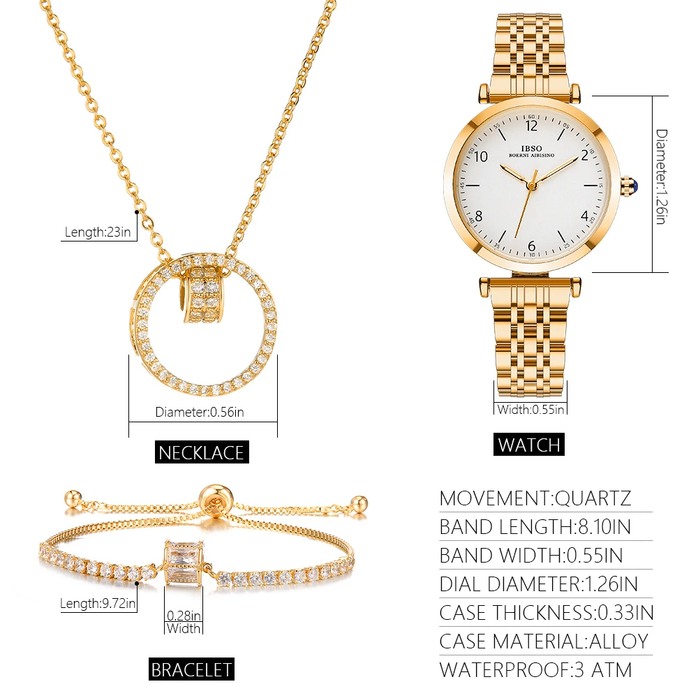 IBSO New Women Quartz Watch Set Luminous Zircon Dial Necklace Bracelet Jewelry Set Watch Ladies 3ATM Waterproof Stainless Steel