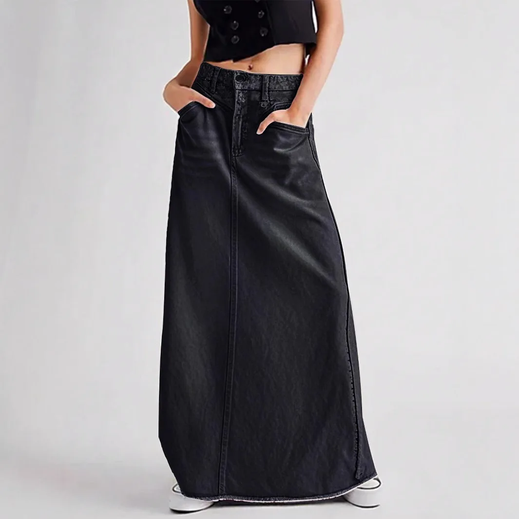

Women's Summer Denim Skirt New Black Slimming Draped A-Line Long Skirt with Pockets