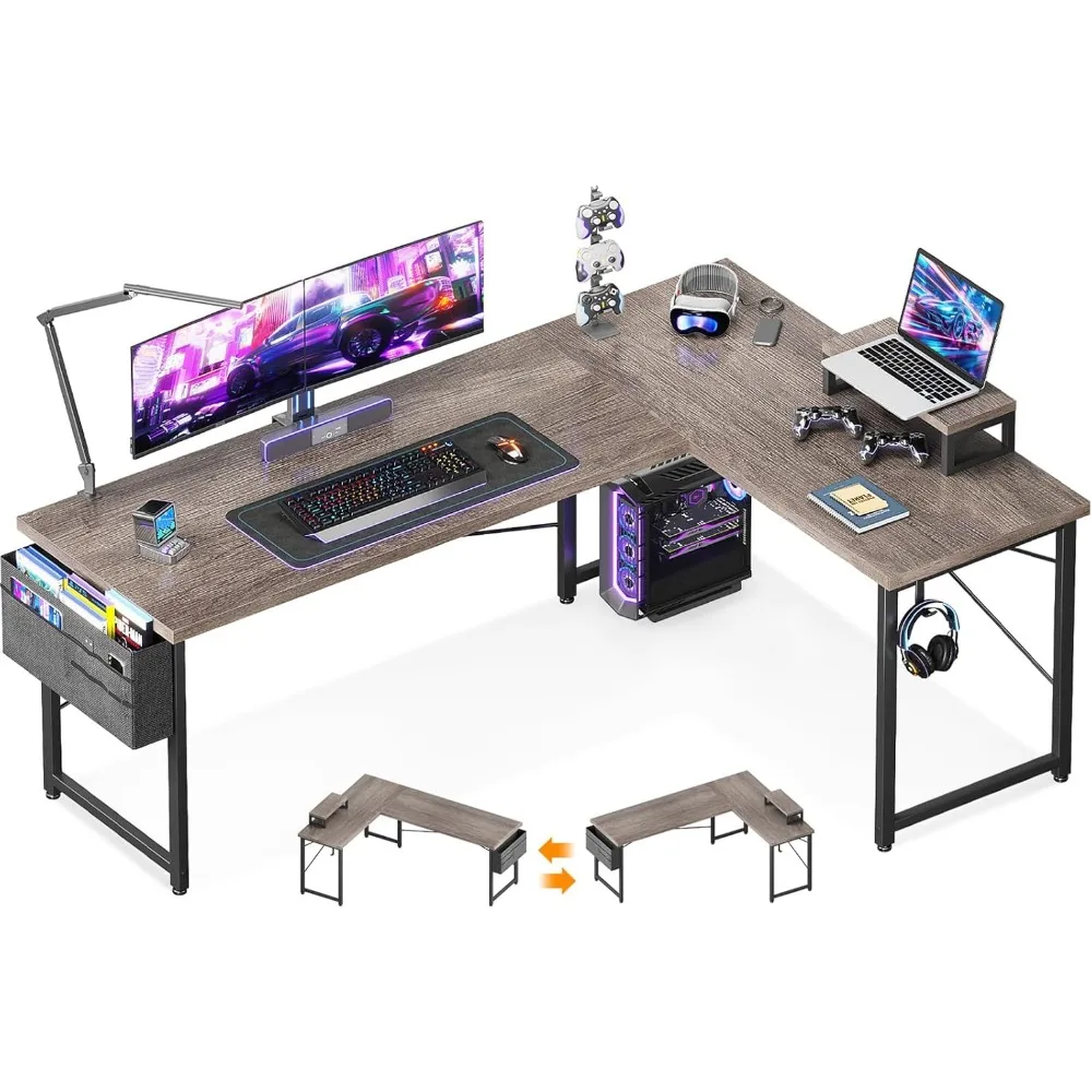 

L Shaped Desk, 66" Computer Corner Desk, Gaming Desk, Home Office Writing Desk with Monitor Shelf, Space-Saving Workstation Tab