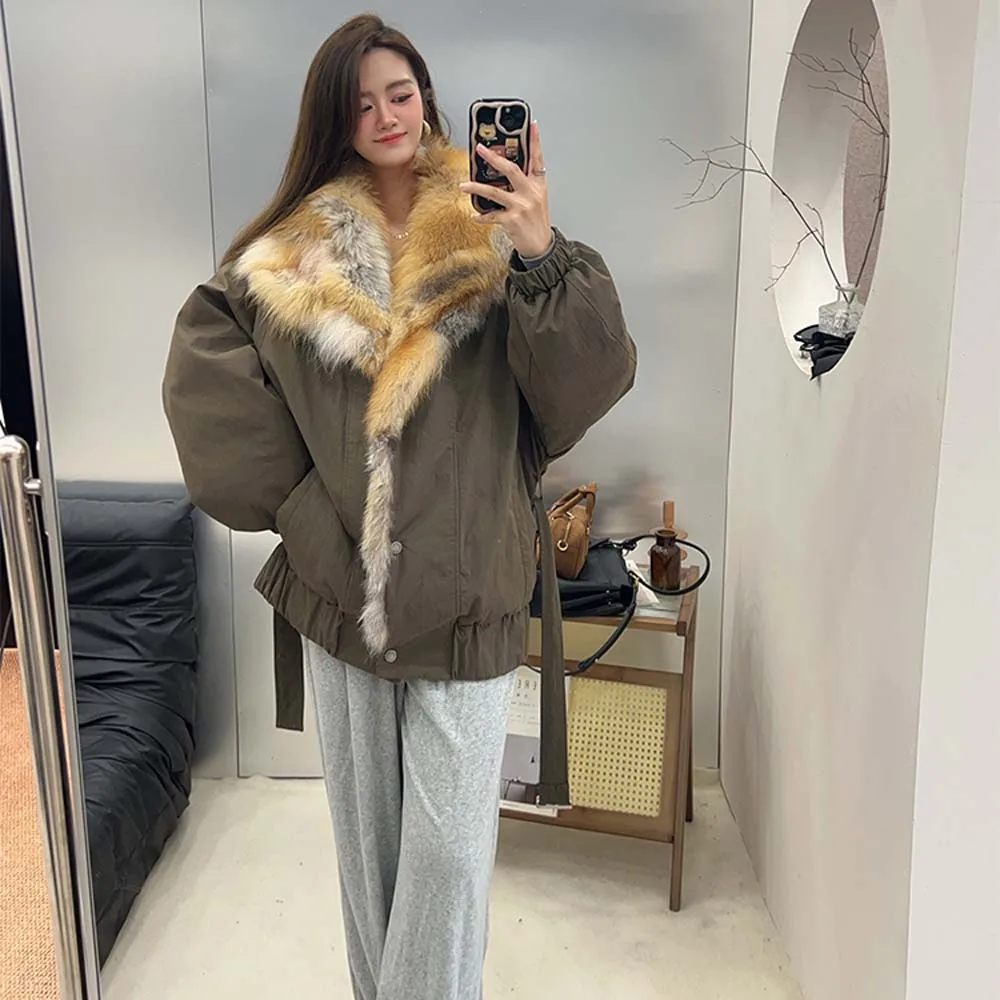 

Winter High Street Fashion Retro Fur Collar Jacket Women's Thick Warm Loose Casual Goose down parka Jacket