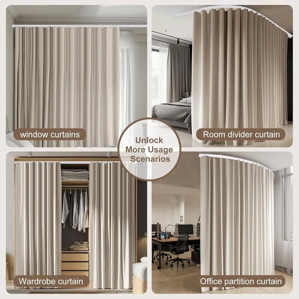 Flexible Ceiling Track Curtain Set, Beige Privacy Divider with White Rail for Living Spaces