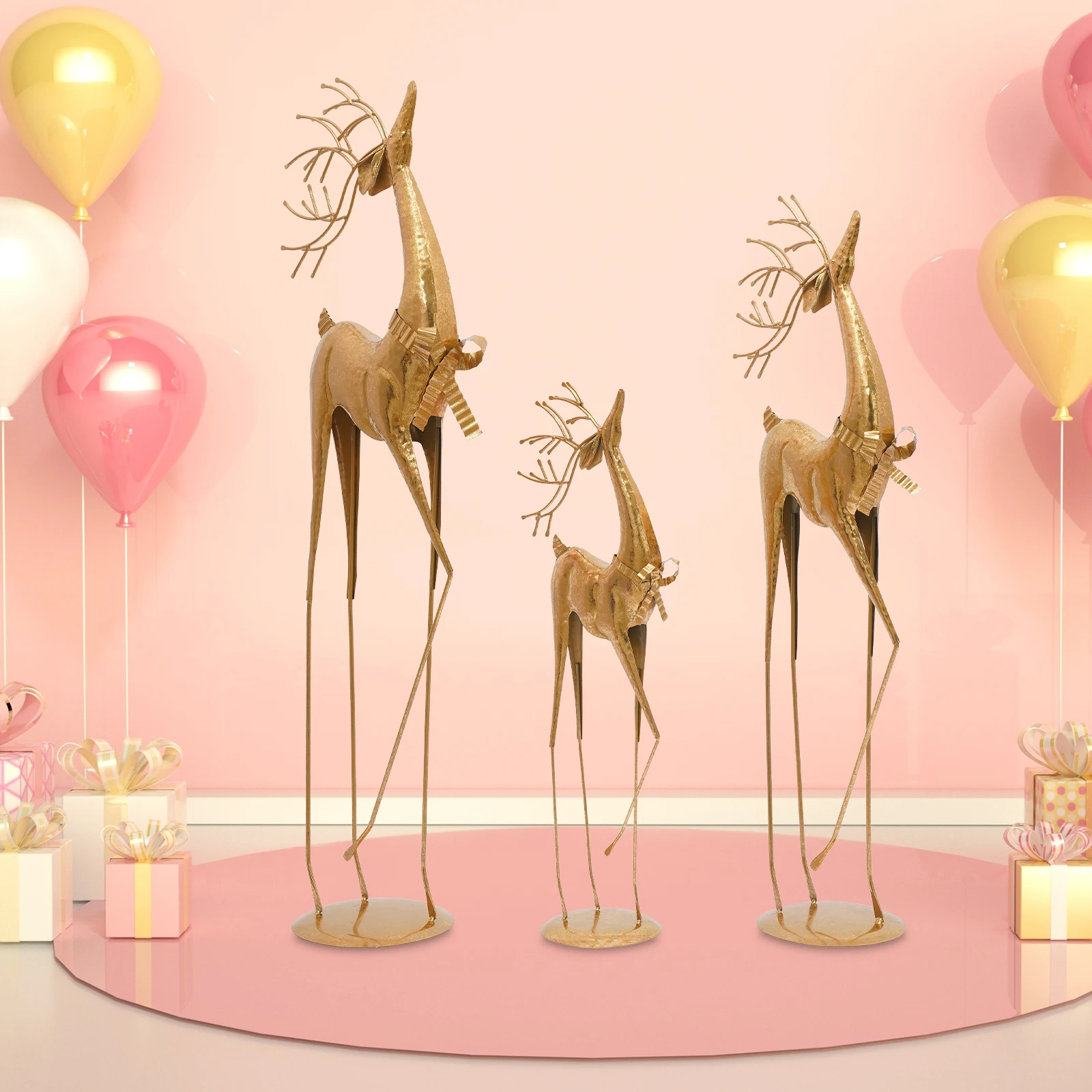 Gold Deer Statue Set 3-Pacs Iron Artisan Craft, Vintage Style for Home/Office Christmas Decor, Symbolic Auspicious Blessings