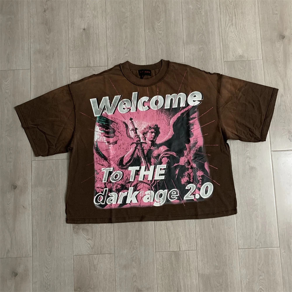 RARE PEACE Dark Warrior Crop Graphic Tee 2026 Oversize Hiphop T Shirt Men Women Best Quality Tee Tops T-Shirt