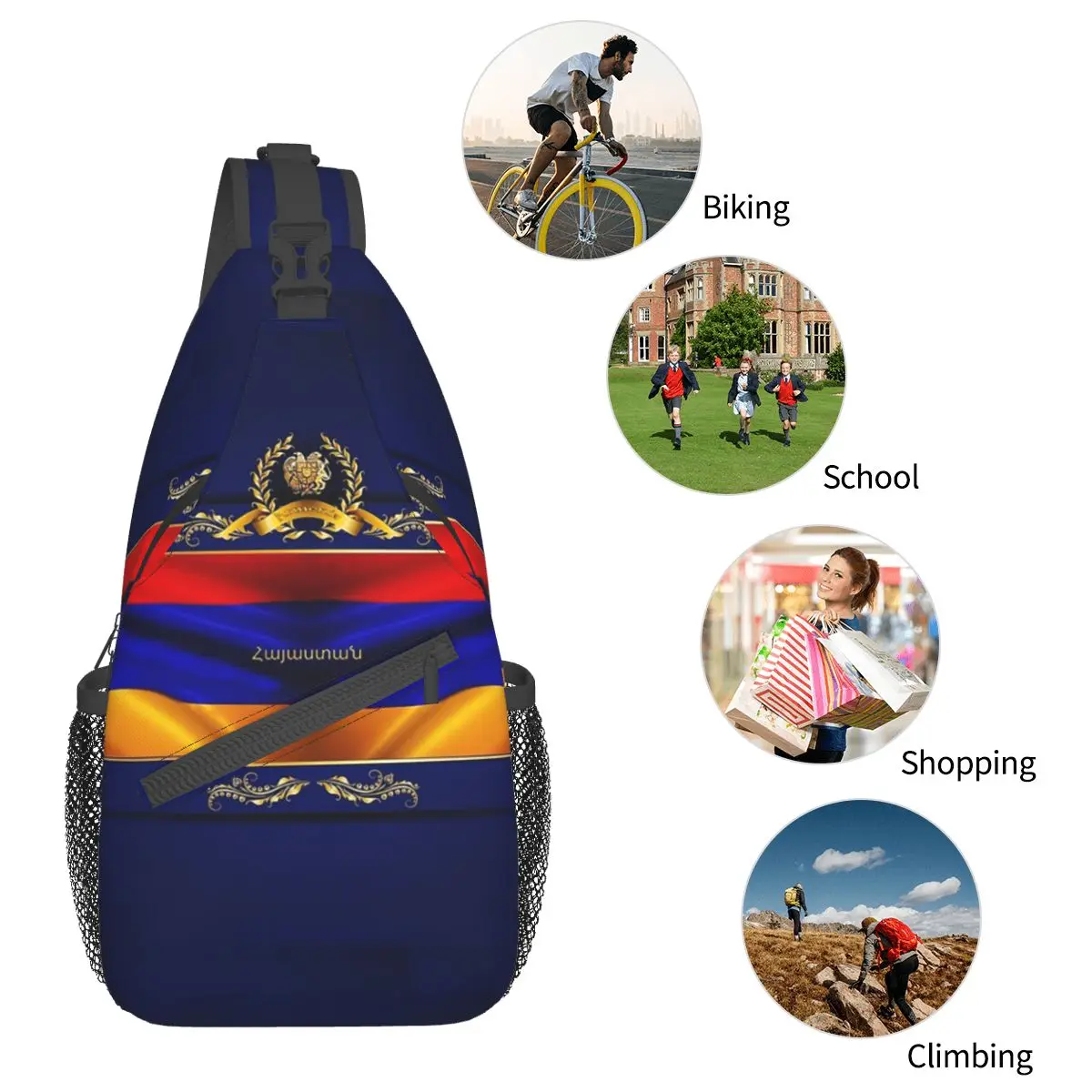 Golden Armenia Sling Bags Chest Crossbody Shoulder Backpack Hiking Travel Daypacks Armenian Flag Pattern Bag