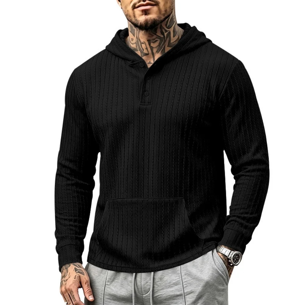 Men's Regular Length Hooded Sweatshirt in Solid Jacquard Polyester with Half Placket and Functional Front Pocket