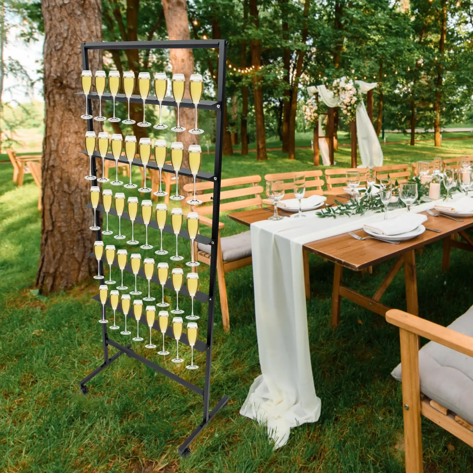 برج الشمبانيا الصلب ذو 5 طبقات، حامل عرض المزامير، رف ستيمواري زجاجي للنبيذ للبار، الزفاف، الحفلات، الفندق، المطعم (أسود)