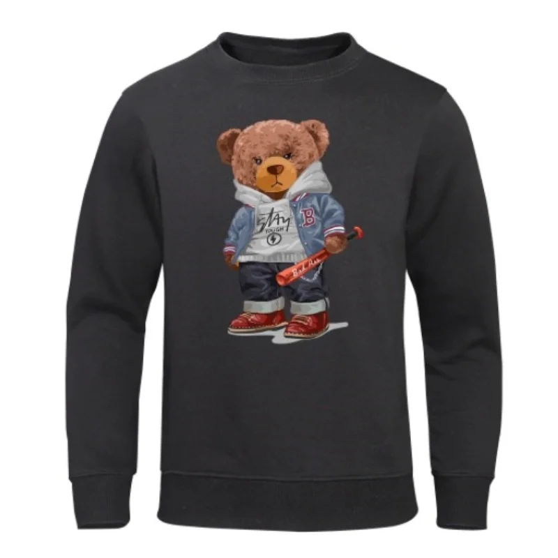 Street Baseball Teddy Bear Boy Hoodie For Mens Funny Warm Sweatshirt Novelty Fleece Streetwears Harajuku Fashion Hoodies Male