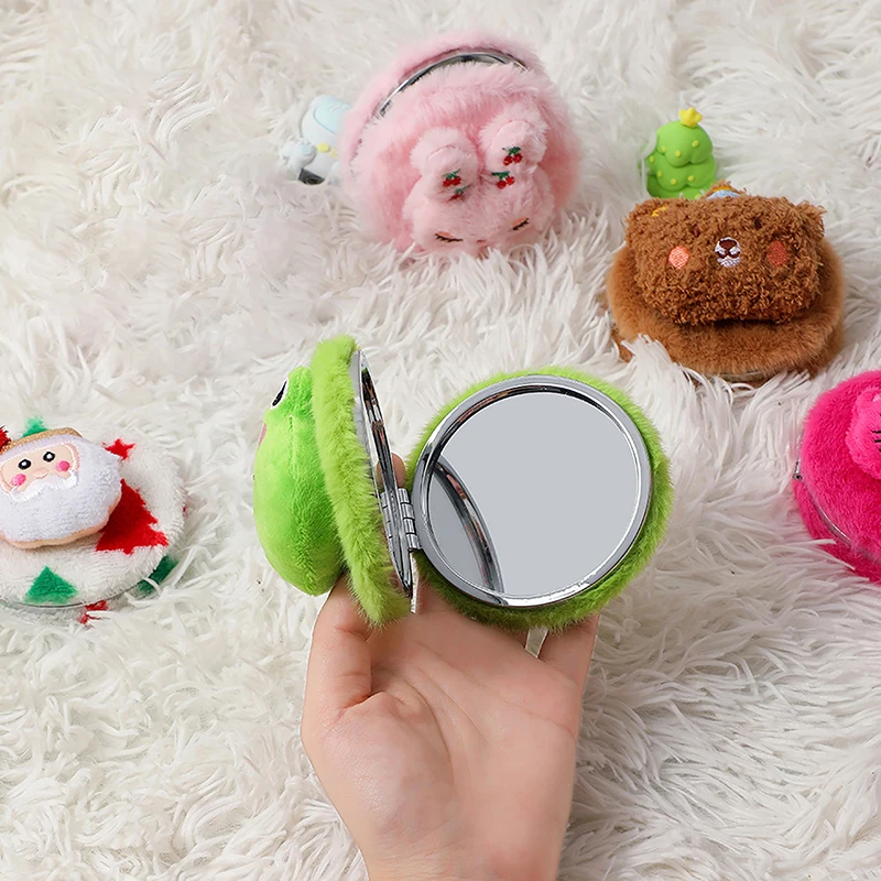 Cute Plush Mini Mirror For Girls Portable Foldable Travel Compact Pocket Make Up Round Mirror Women Student Dressing Tool