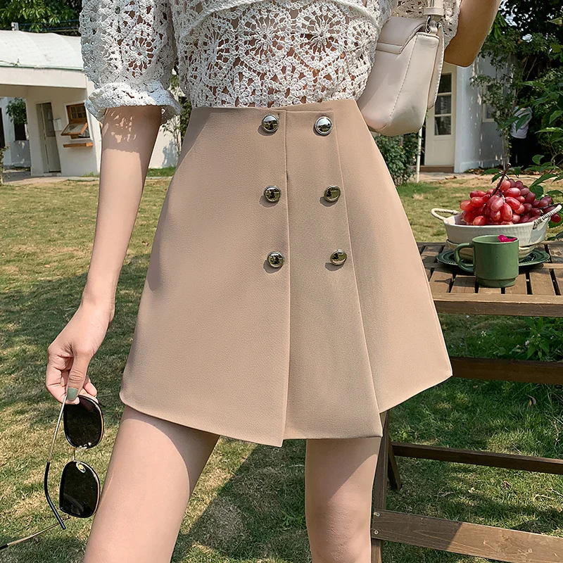 

Chic and Elegant Woman Skirt Temperament Pleated Office Lady Skirts High Waist A- Line Double-Breasted Mini Skirts