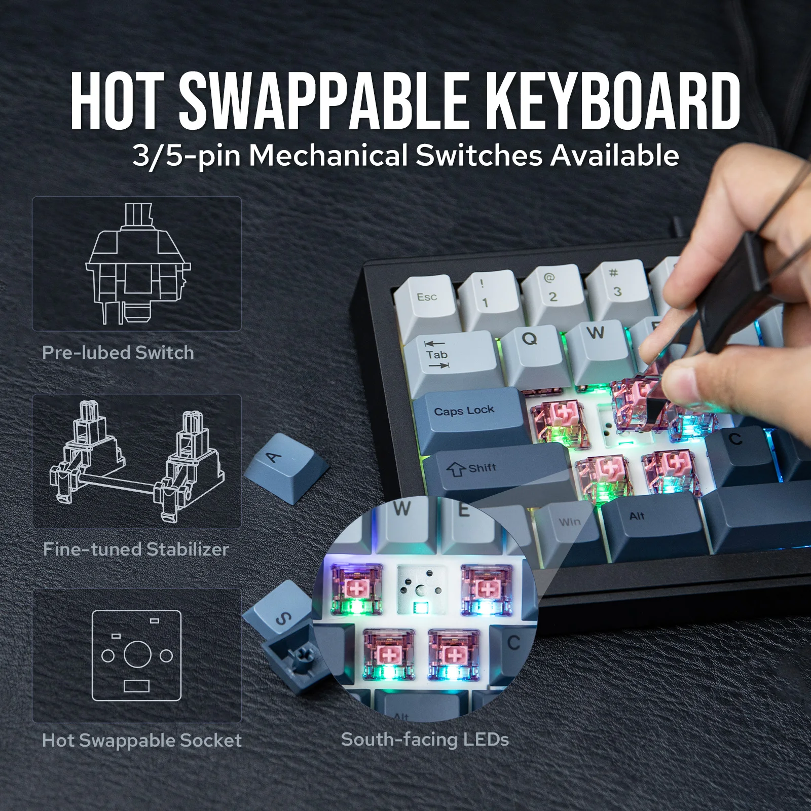 EPOMAKER Split65 60% Layout QMK TOP Structure Hot-Swap Wired/2.4GHz/Bluetooth 5.0 Wireless Mechanical Keyboard South-facing RGB