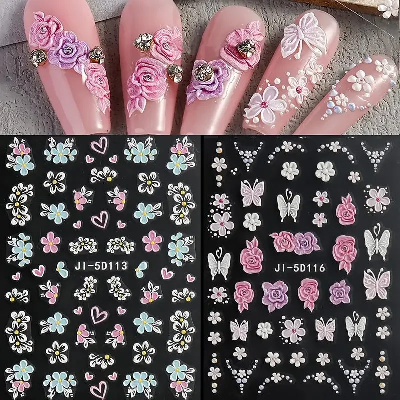 5D Embossed Flower Nail Stickers Pink Blue Petals Butterfly French Line Acrylic Spring Summer Floral Slider Nail Decor Nail Art