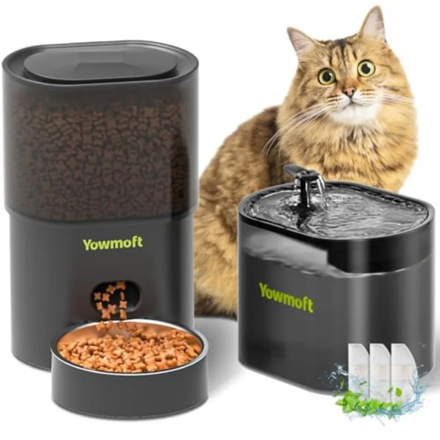 Automatic Cat Feeder and Fountain 3L Timed Dry Food Dispenser 10 Portions 1-4 Daily Meals Auto Feeder with Desiccant Bag Water