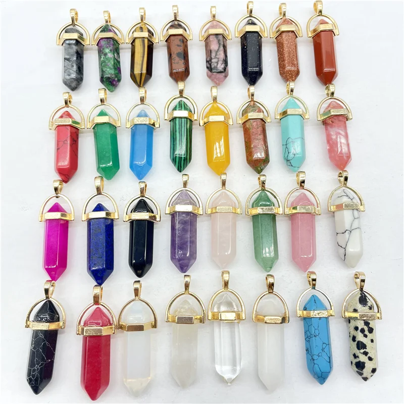 Fashion Natural Gem Stone Quartz Crystal Tiger Eye Hexagonal Pendulum Reiki Pendant Charms DIY Jewelry Making Necklaces 24Pcs