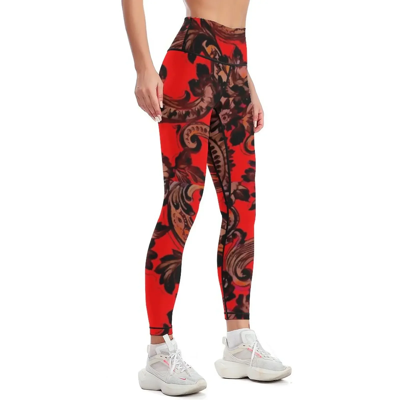 Black flower pattern on a red background Leggings gym clothing Training pants Clothing fitness Fitness woman Womens Leggings