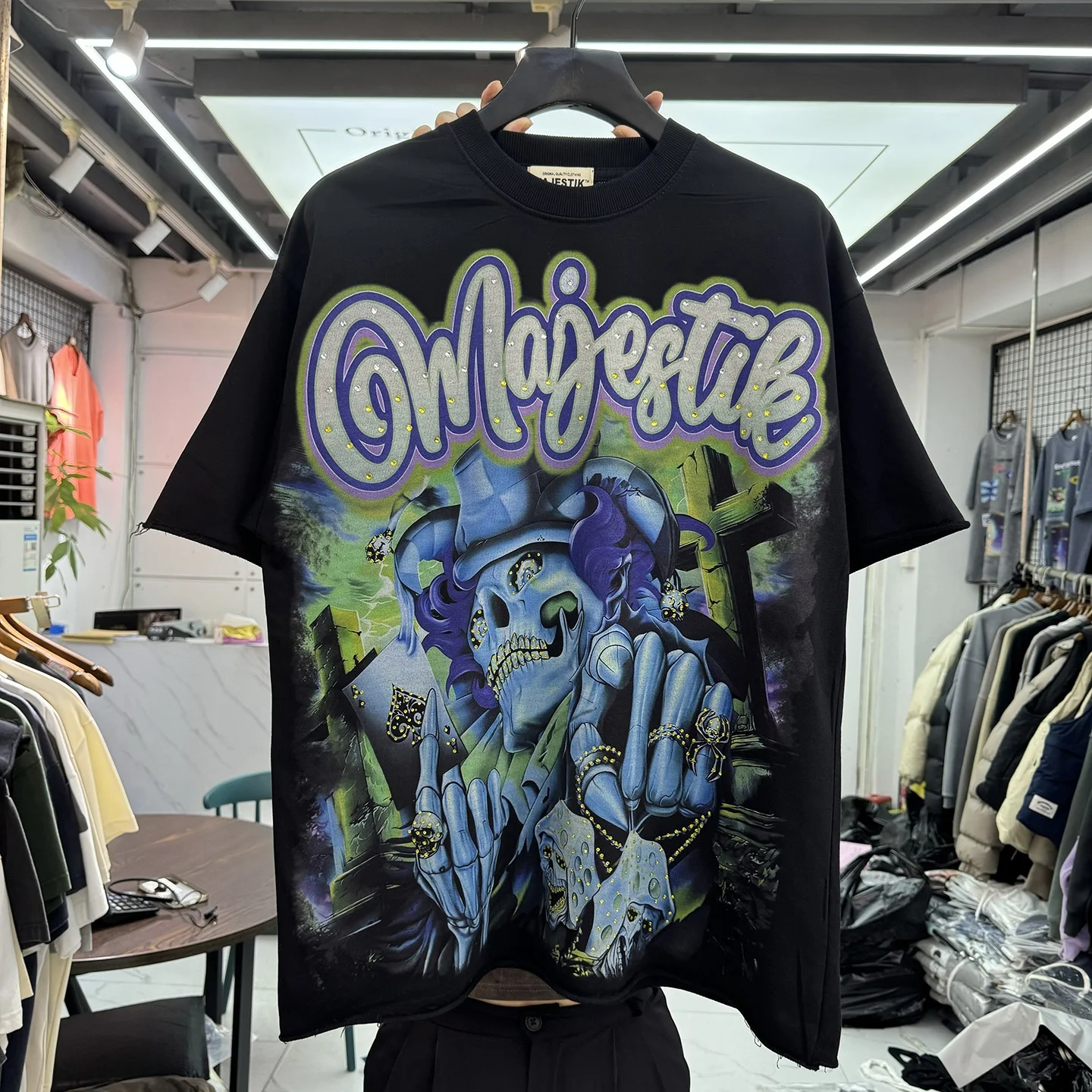 

Stik American Cool Skull Letter Rhinestone Short Sleeve High Street Loose Casual Loopback T-Shirt Trendy Unisex round Neck Pu...