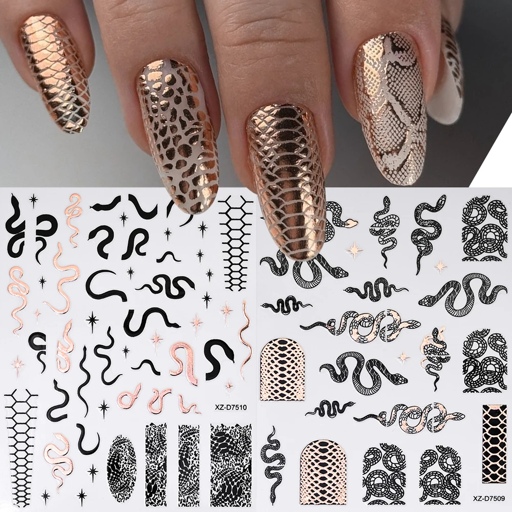 12 pz Hot Stamping Modello Del Serpente Adesivi Per Unghie Hollow Oro Rosa Pelle di Serpente Decalcomanie Per Unghie Di Lusso Serpente Curvo Cthulhu Manicure Decor