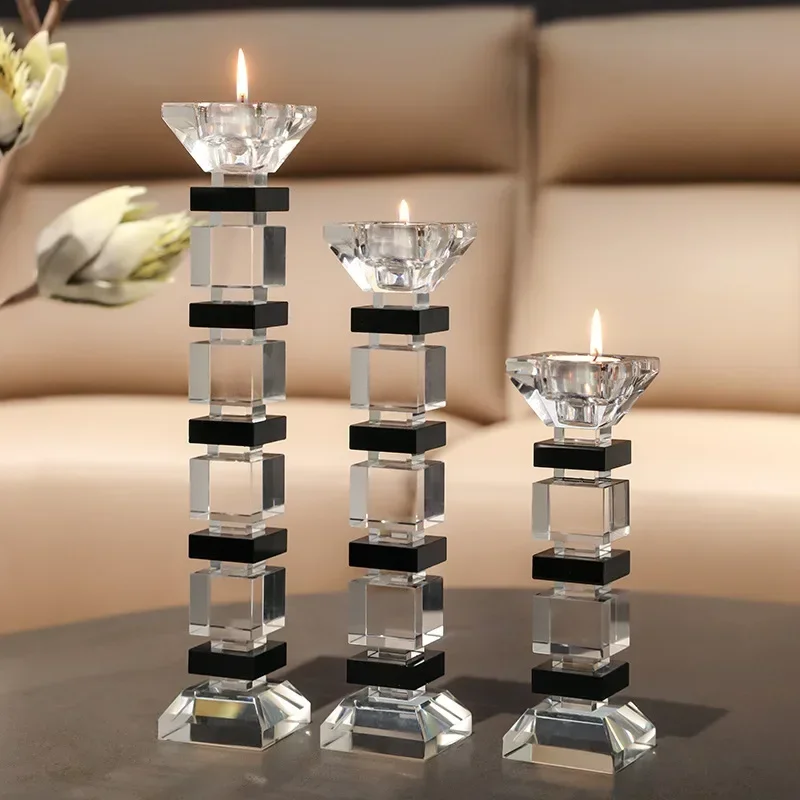 Glass Craft Candlestick Crystal Glass Candle Holder Geometric Block Lamination Candle Stick Holder Home Decoration Accessories