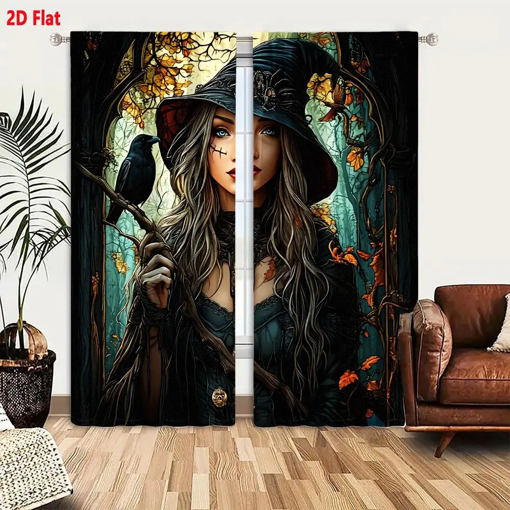 2Pcs Curtains 2D Flat Female Witch With Ash Blonde Hair And Stitched Scar In Autumn Forest Holding Staff With Raven Window Drape