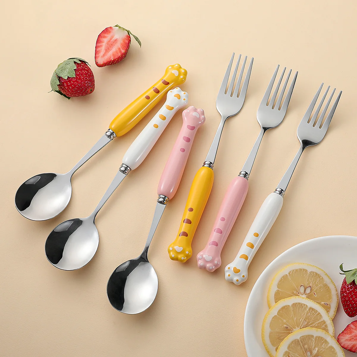 Stainless Steel Cartoon Fork and Spoon Two-Piece Set Ceramic Crocodile Baby Creative Handle Fork Spoon Cute Kidsren Student Tabl