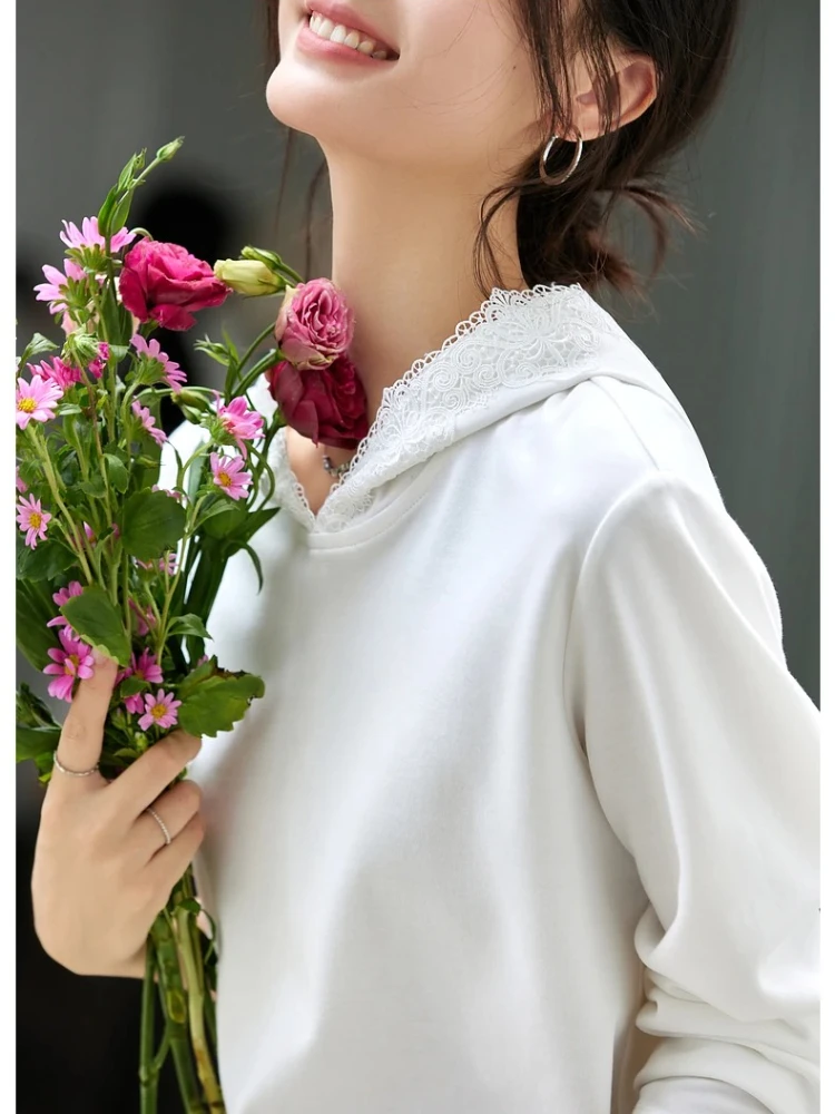 VIMLY Women's White Long Sleeve Tops Casual Lace Hooded Ladies Tees Autumn 2025 New Elegant Knitted Cotton T-shirts Femmes A2135