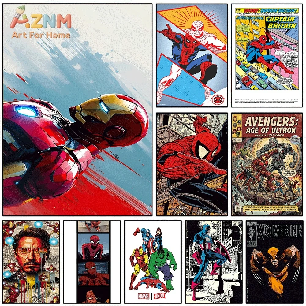 AZNM Iron Man Dynamic Flying Splash‑Ink Canvas Wall Print, Superhero Classic Vintage Comic Book Pop Graphic Art Poster, Unfram