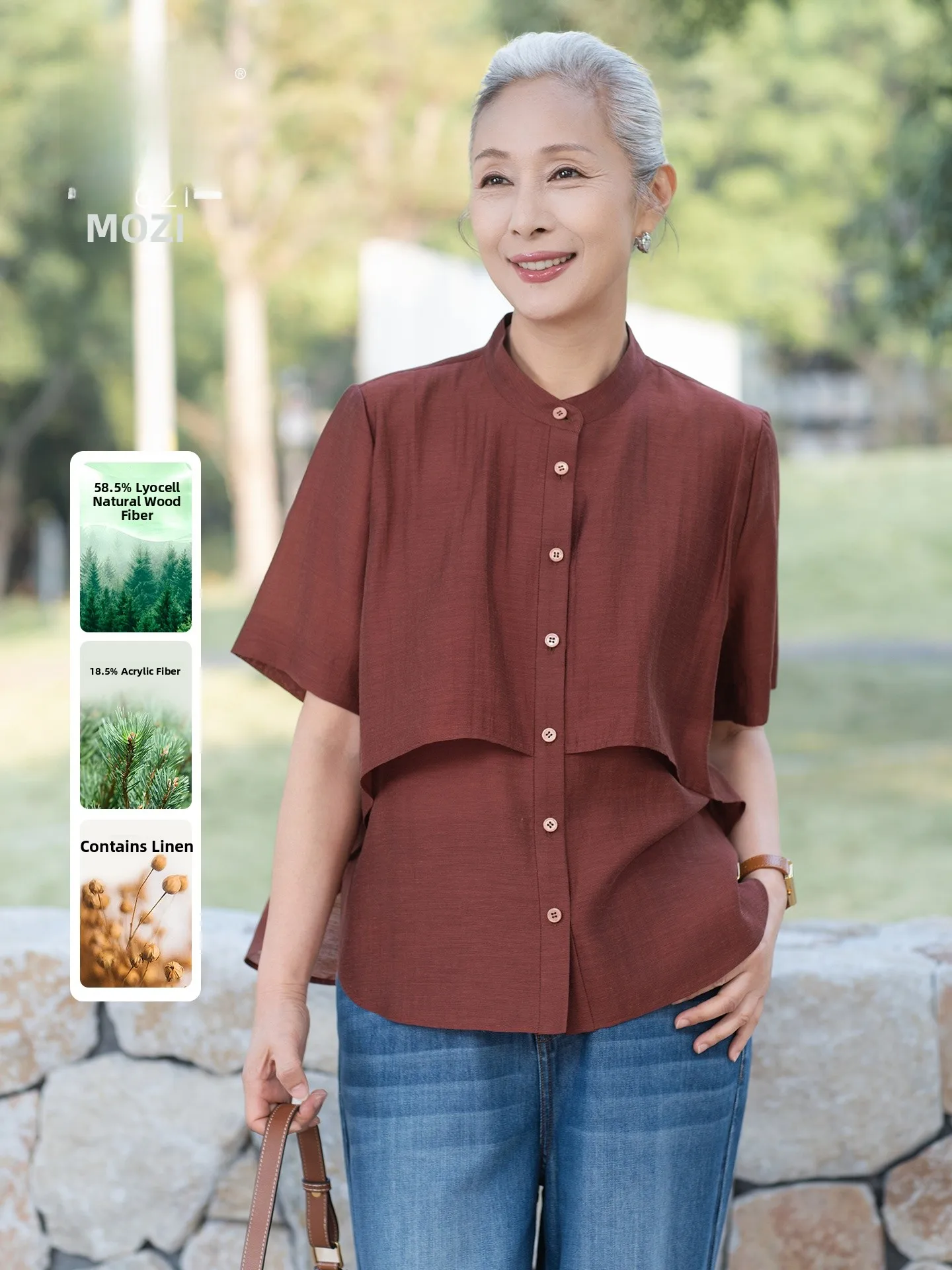 

Muzhi Mom Summer Short Sleeve Shirt Polyester Rayon Lycra Blend Comfortable Loose Fit round Hem Button up Classic Style