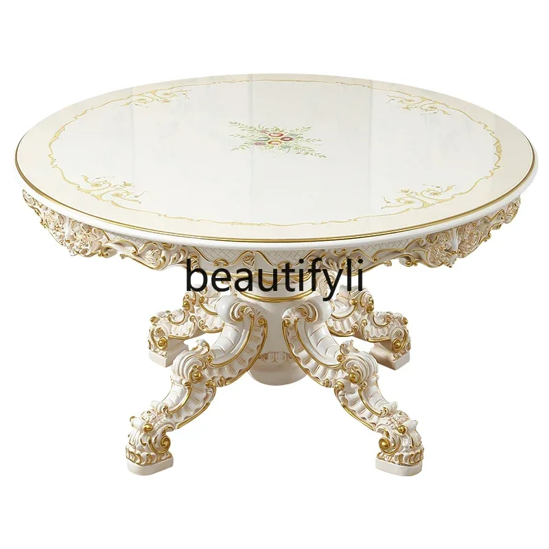 

French Rococo Pink Round Dining Table And Chair Combination Carved Dining Room Luxury Furniture Solid Wood