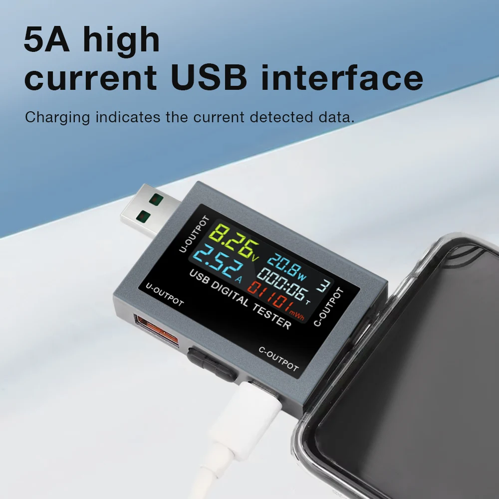 USB/Type-C Tester DC4-30V Digital Voltmeter Battery Capacity Tester DC Voltage Ammeter Power Meter Cell Phone Charging Detector