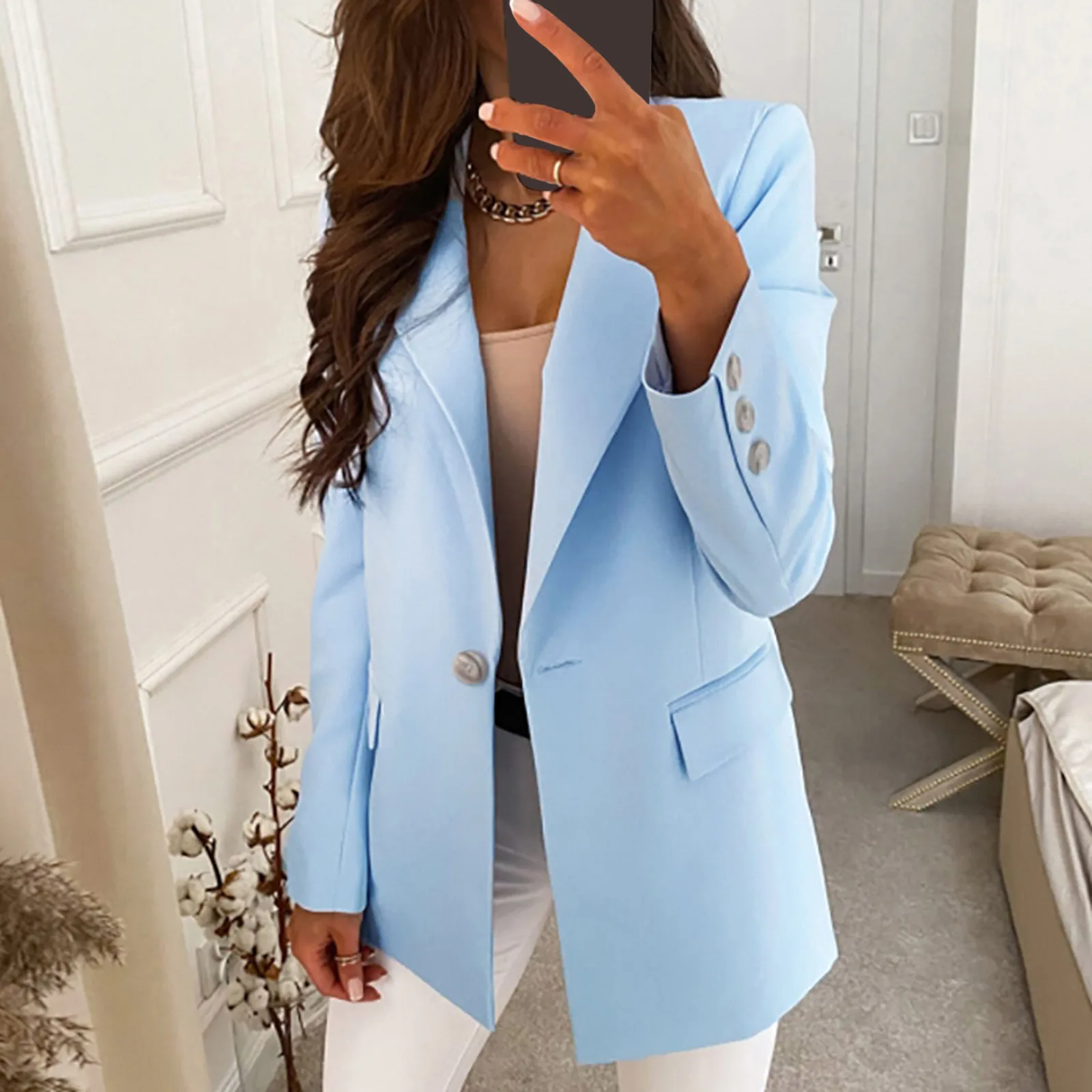 

Office Fashion 2024 Blazer Woman Jacket Solid Color One Buttons Autumn Winter Turndown Collar Long Sleeve Suit Jacket Streetwear