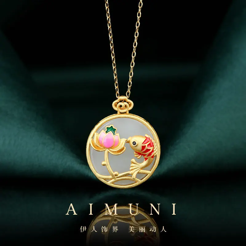 Chinese Style Retro Imitation Hetian Jade Lotus Year By Year Carp Safety Buckle Pendant High-Grade Necklace for Women Vintage