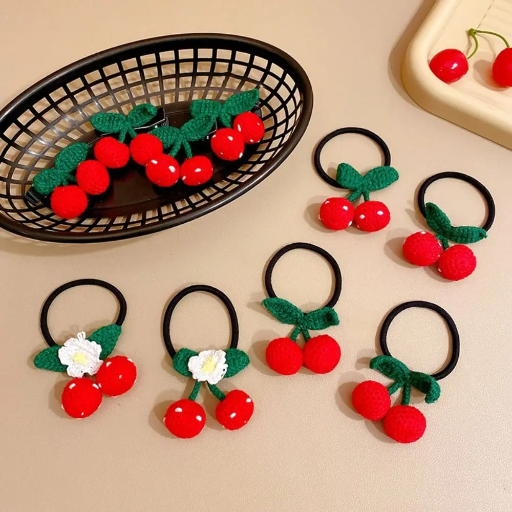 Kawaii Woolen Children Red Cherry Headdress Knitted Crochet Princess Hair Accessories Hair Clip Hair Rope Girls